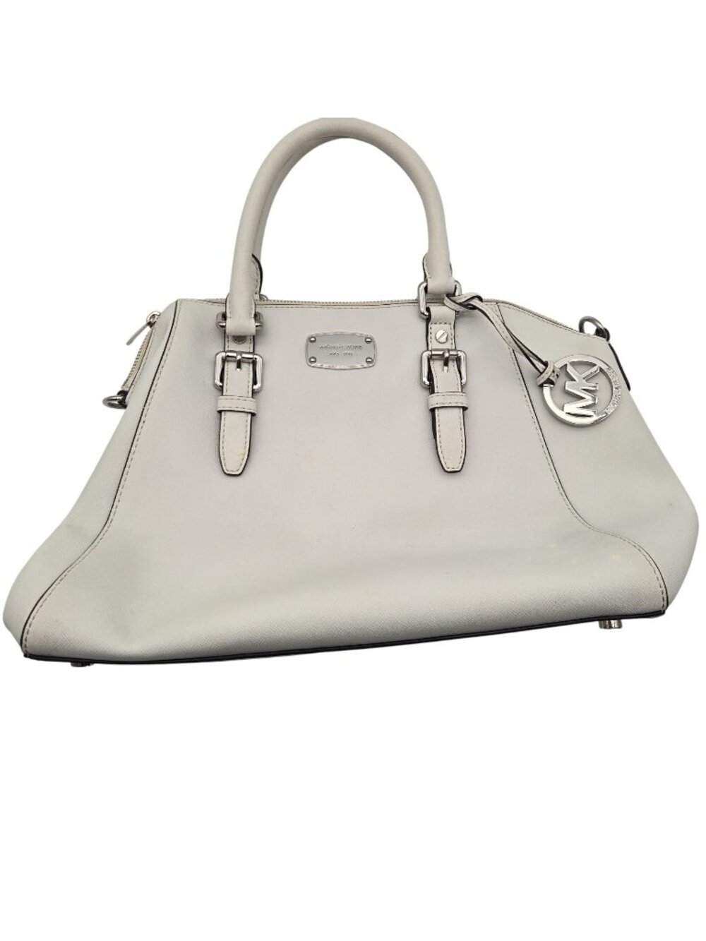 Michael Kors White Saffiano Leather Satchel Bag Silver Hardware 14"x10" As Is